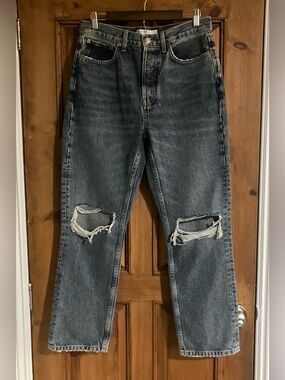 Topshop Woman’s Straight-Leg Distressed Blue Jeans